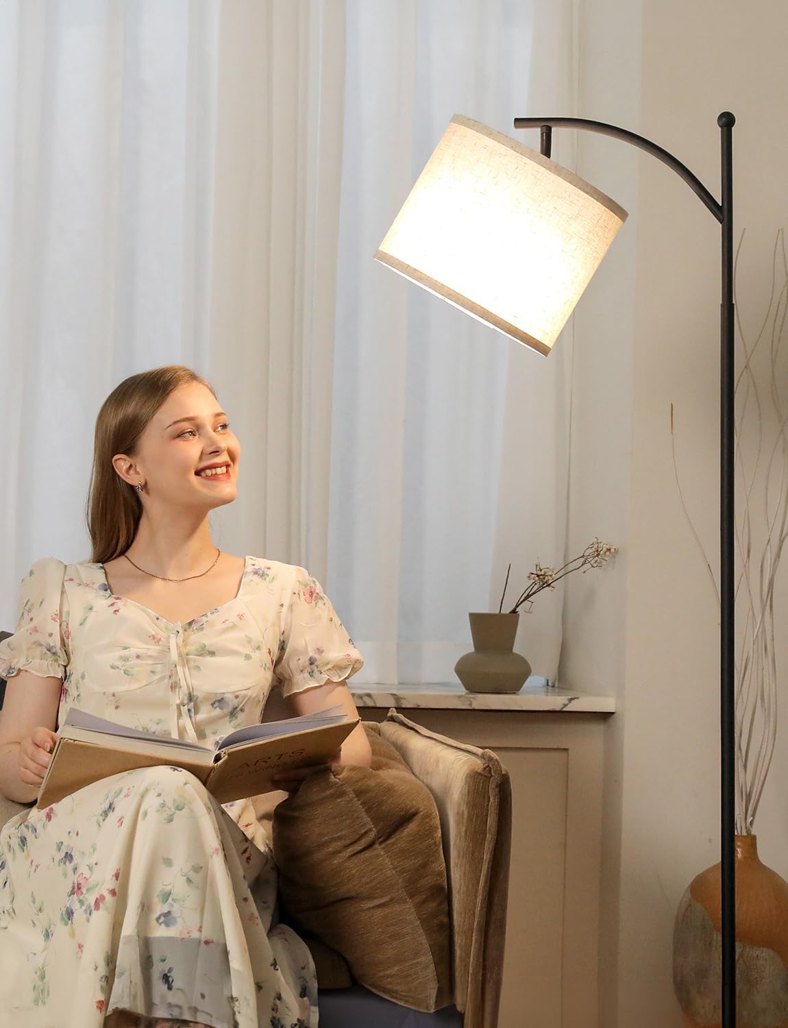 Ambimall 60" Floor Lamps for Living Room with 3 Color Temperatures Bulb & Adjustable Linen Shade